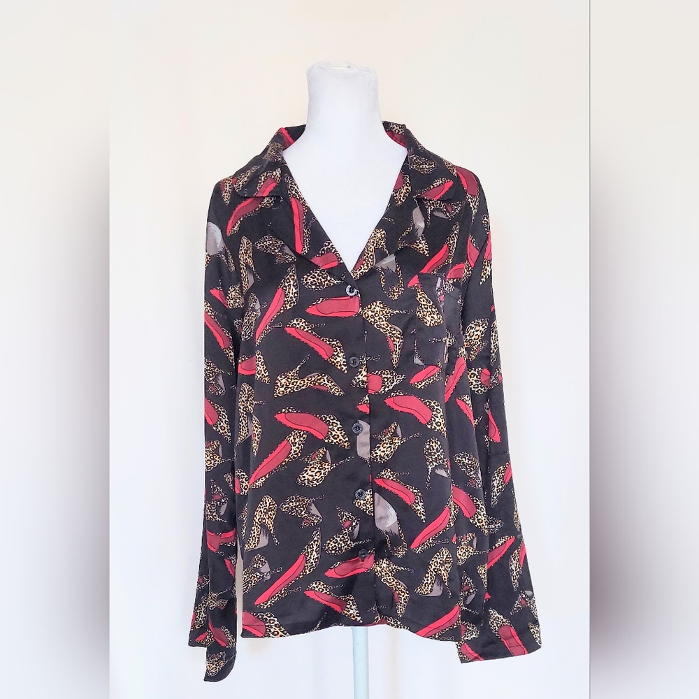 Nicole Miller Satin Sleepwear Shirt Top Leopard Print High Heel Size Large